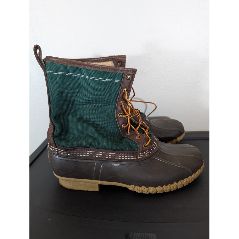 LL Bean Men's 13 Shearling Lined Duck Boots Green Canvas Brown Leather USA